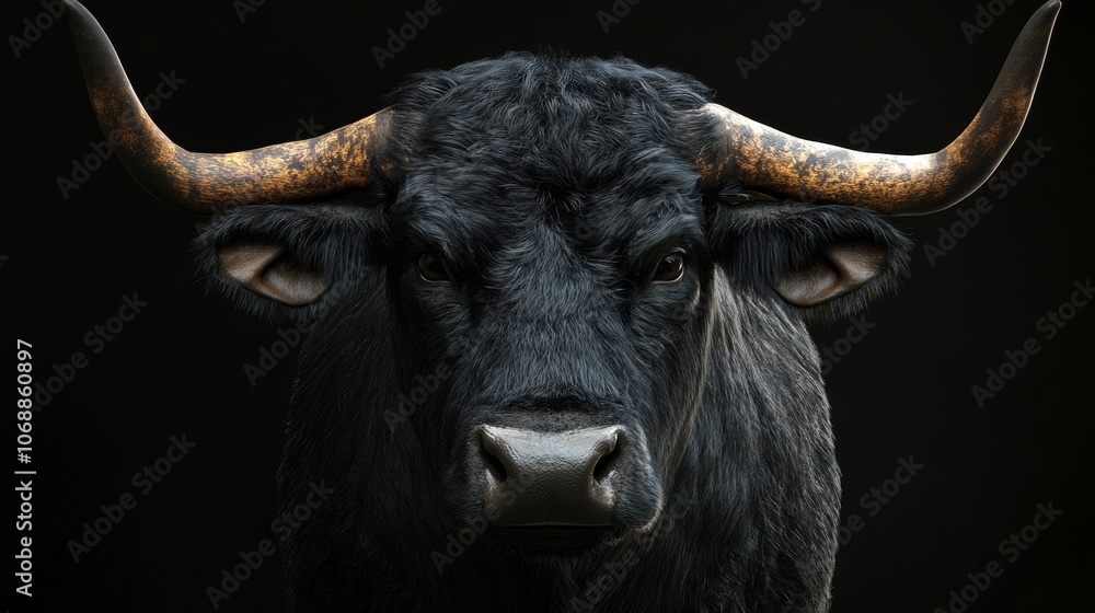 Naklejka premium Black bull with large horns looking directly at the camera against a black background.
