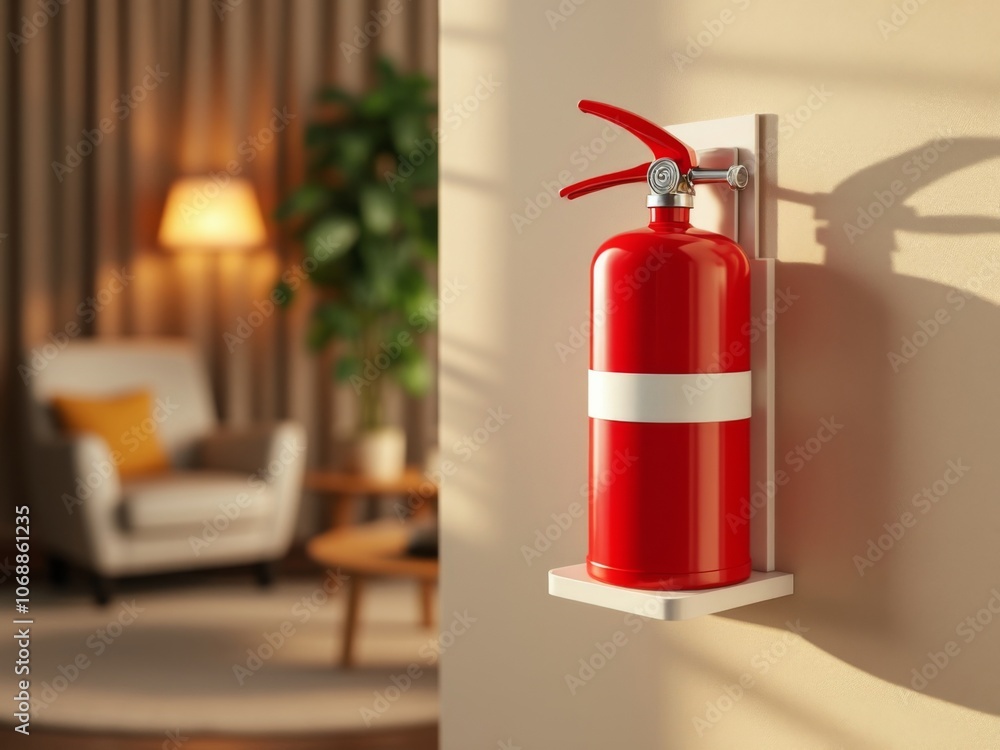 Naklejka premium Red fire extinguisher mounted on a wall in a modern living room setting with soft lighting, emphasizing home safety and preparedness in a cozy interior environment