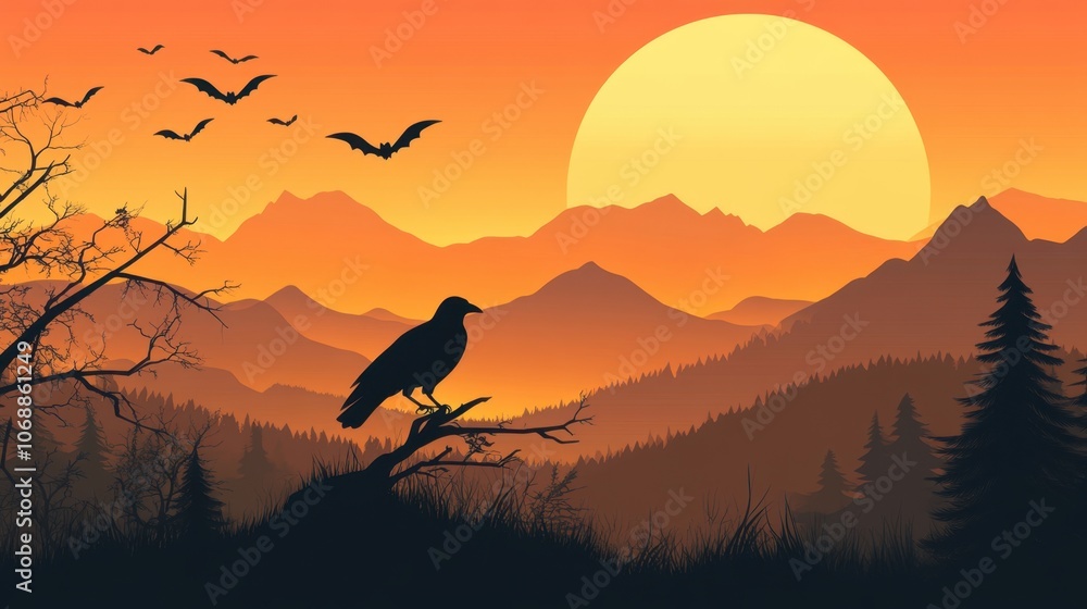 Mysterious Sunset with Birds and Mountains Mysterious Sunset with Birds and Mountains