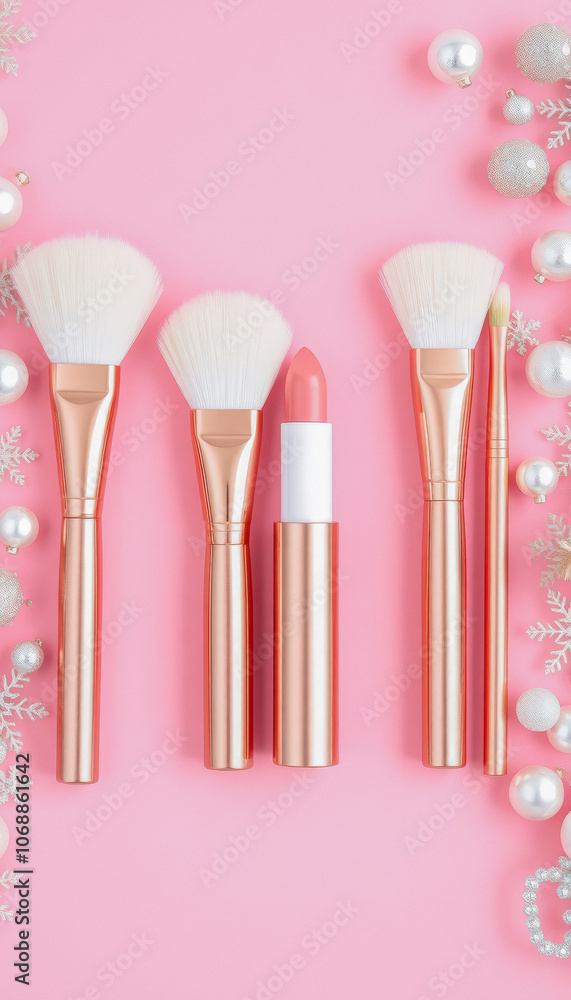 Colorful Makeup Brushes on Sparkling Pink Background. Colorful Makeup Brushes on Sparkling Pink Background.