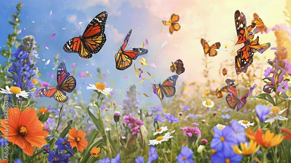 Butterflies and Flowers in a Field Illustration Butterflies and Flowers in a Field Illustration