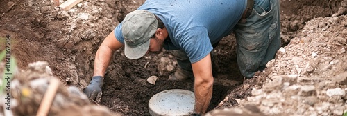 Construction Worker Laying Pipe in Trench photo