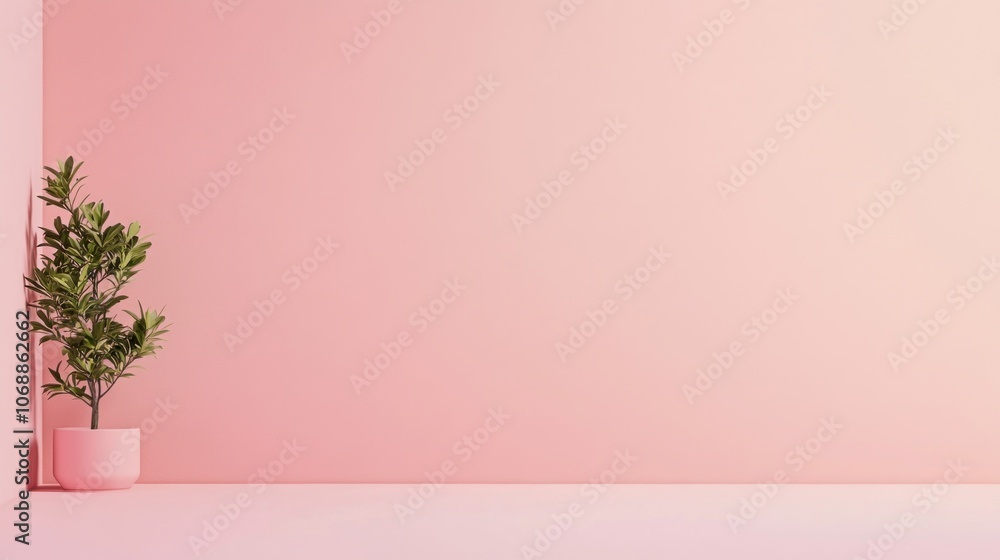 Potted plant in a minimalist pink interior with soft light. Home decor and design concept. Potted plant in a minimalist pink interior with soft light. Home decor and design concept.