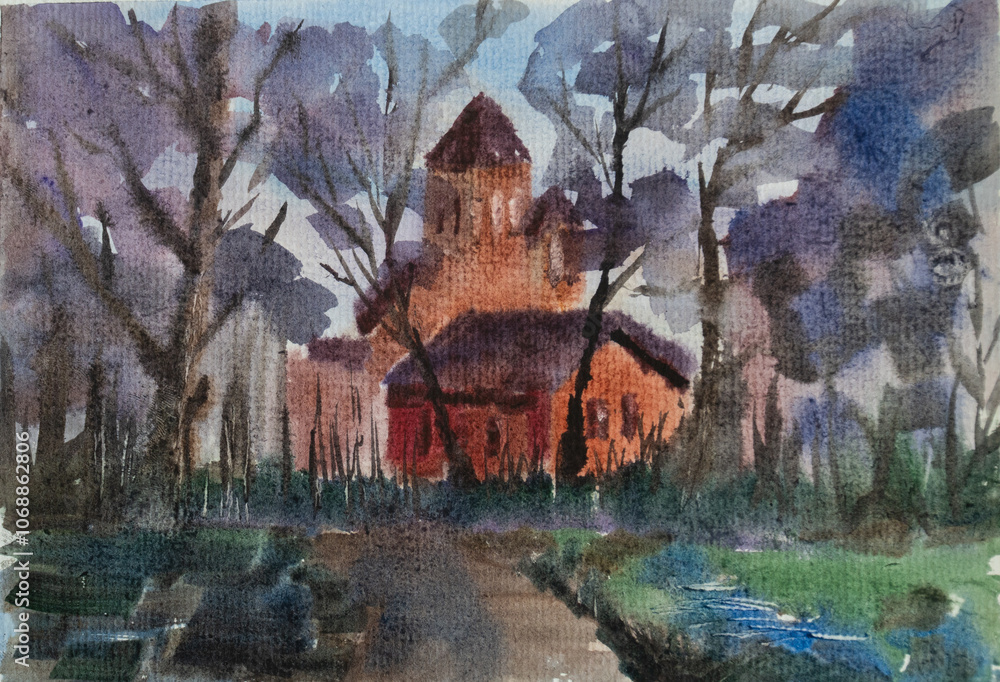 rural landscape, trees by the road, path in the city, illustration, drawing, rural landscape, trees by the road, path in the city, illustration, drawing,