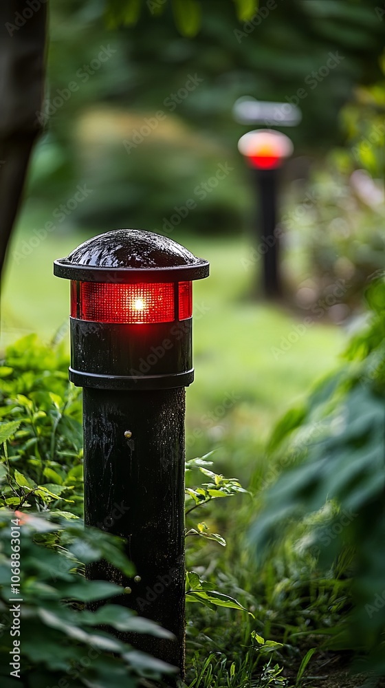 Fototapeta premium Red Light on a Black Post in a Lush Garden
