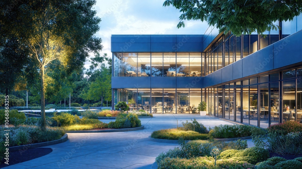 Fototapeta premium Modern two-story office building with glass walls and landscaped garden pathway, illuminated at dusk with interior lighting creating warm glow against blue evening ambiance