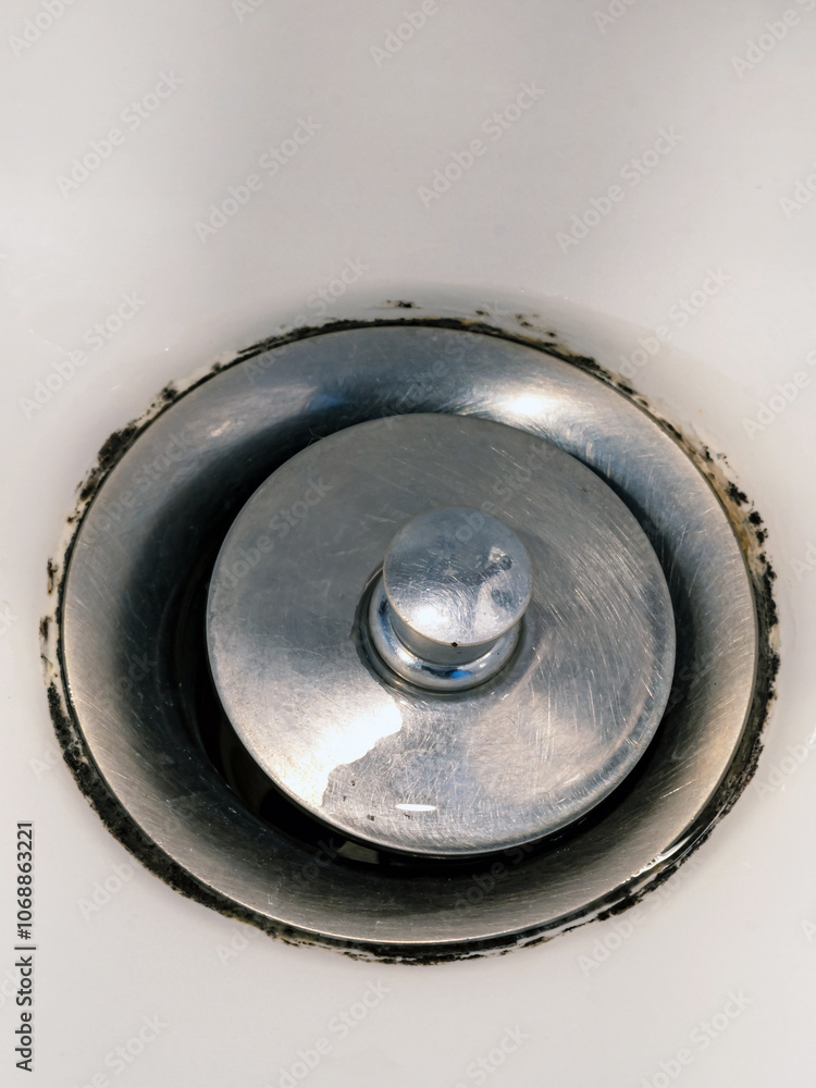 Close up to old dirty manhole cover on basin drain with moss background. Stainless steel sink stopper in sink. Wash basin in bathroom. Lichen stains or mold stains occur in unclean bathroom. Close up to old dirty manhole cover on basin drain with moss background. Stainless steel sink stopper in sink. Wash basin in bathroom. Lichen stains or mold stains occur in unclean bathroom.