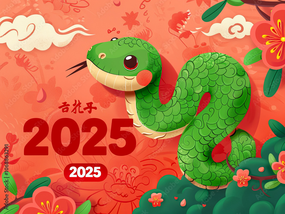 Obraz premium Wooden snake illustration for 2025 zodiac event, featuring festive oriental design, symbolizing prosperity and traditional Chinese New Year celebration.