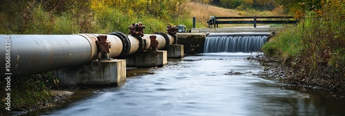 Water Pipe Crossing a River with a Small Waterfall photo