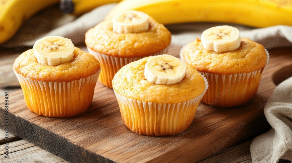 Fresh Banana Muffins on Wooden Board