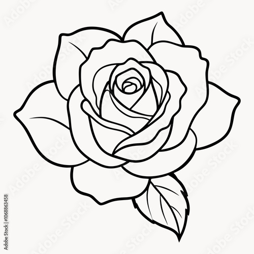 Vector illustration of a beautiful rose with lush green leaves for a tattoo design. It features realistic, high-quality classic rose line art and icons.