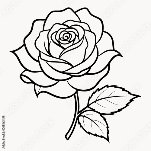 Vector illustration of a beautiful rose with lush green leaves for a tattoo design. It features realistic, high-quality classic rose line art and icons.