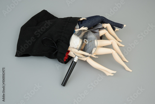 Female dolls in black sack under magnifying glass on gray background. Investigation of people trafficking and kidnapping concept. photo