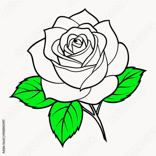 Vector illustration of a beautiful rose with lush green leaves for a tattoo design. It features realistic, high-quality classic rose line art and icons.