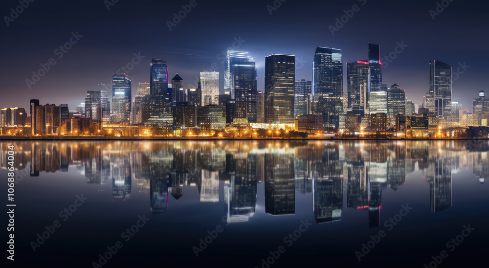 Naklejka premium Urban Brilliance: Twilight Reflections on Water