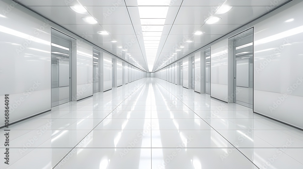 Clean and minimalistic office space in 3D, glass partitions, modern decor, bright atmosphere Clean and minimalistic office space in 3D, glass partitions, modern decor, bright atmosphere
