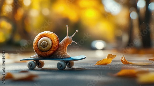 A whimsical image of a snail riding a skateboard on an autumn day, with fallen leaves and a soft-focus background, blending nature and playful creativity photo