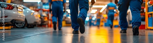 Group of Mechanics Walking in Workshop
