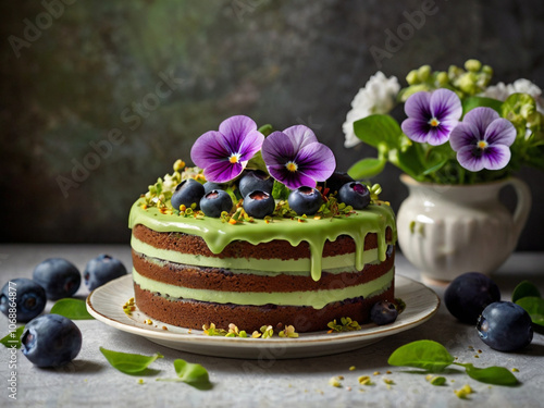 Cake with blueberries and flower