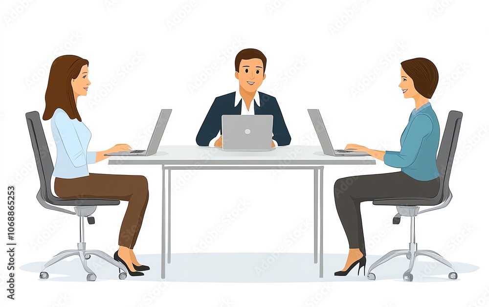 Illustration of three colleagues sitting at a table in an office, working on laptops and having a conversation, modern design with simple shapes, white background Illustration of three colleagues sitting at a table in an office, working on laptops and having a conversation, modern design with simple shapes, white background