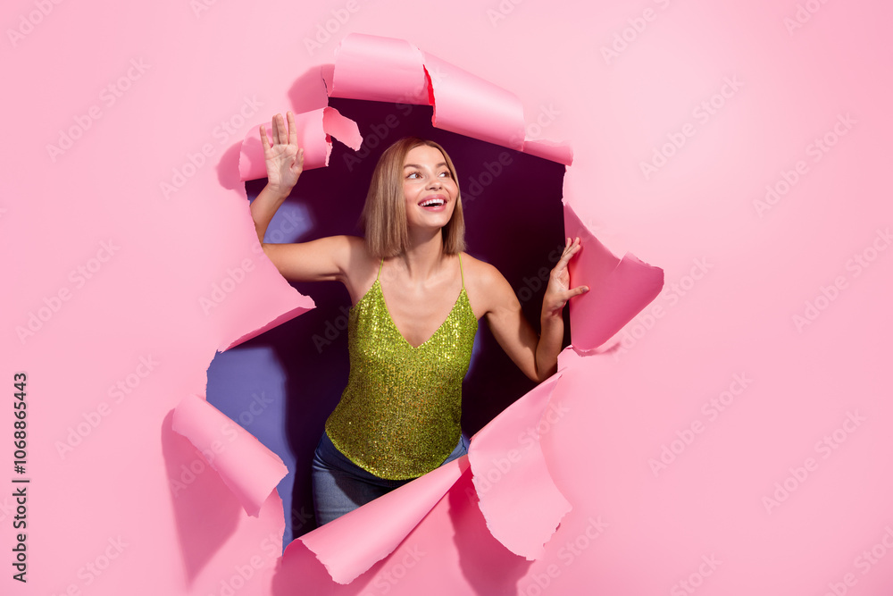 Fototapeta premium Photo of gorgeous positive woman wear stylish clothes look empty space news isolated on pink color background