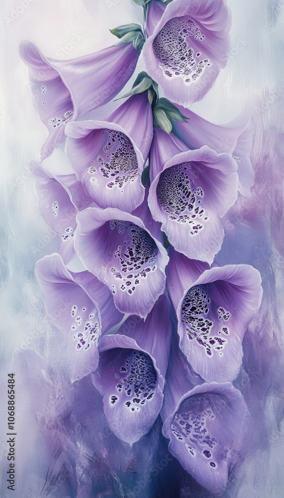 Fototapeta premium A foxglove in fluid purples and soft whites, petals blending in an abstract vertical flow on a misty background