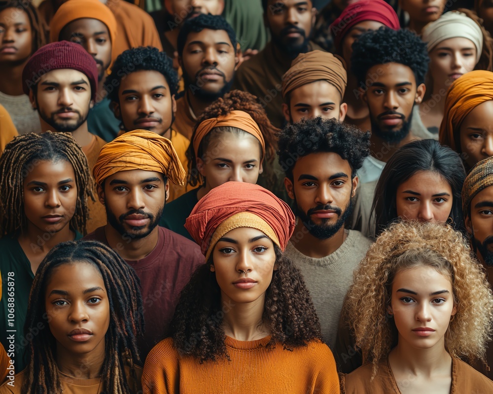 Large group of people from diverse ethnicities, wearing unique styles, in a crowd with an abstract background, bold colors and inclusive visual appeal Large group of people from diverse ethnicities, wearing unique styles, in a crowd with an abstract background, bold colors and inclusive visual appeal