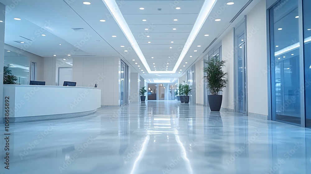 Open office space with a blur effect, modern furniture, natural light, professional atmosphere, spacious design Open office space with a blur effect, modern furniture, natural light, professional atmosphere, spacious design