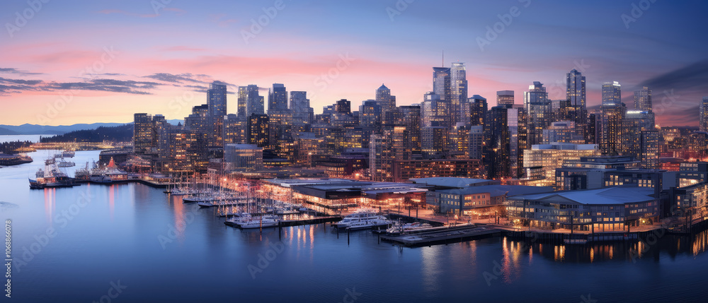 Obraz premium Majestic Sunset Over Metropolitan Waterfront