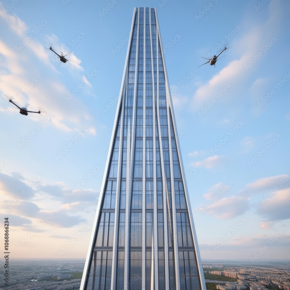 Obraz premium Three drones fly in formation over a tall skyscraper.