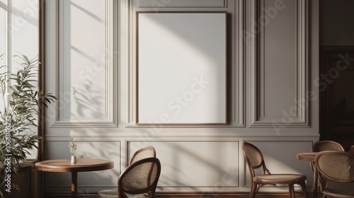 Mockup of a blank canvas poster in a classic interior with two chairs and a table