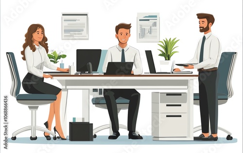 Office scene with three young professionals collaborating, flat illustration style, white background, blue color palette for a fresh and minimalist look