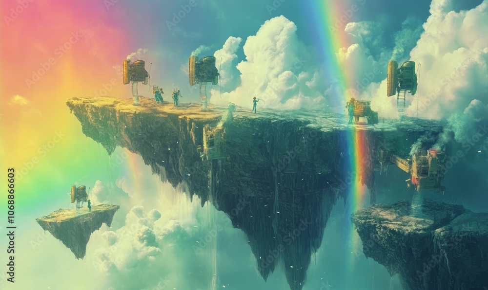 Fototapeta premium Floating islands with vehicles and rainbow.