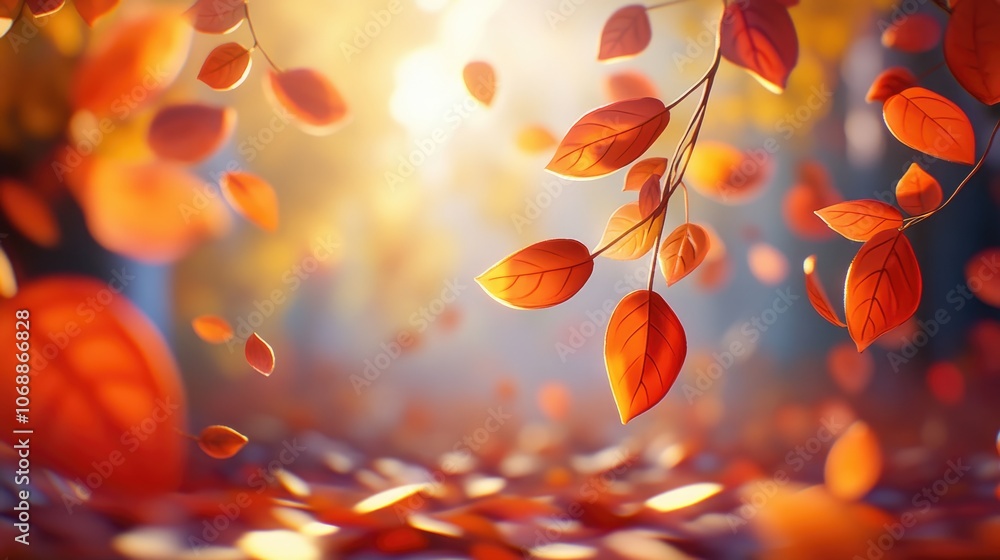 Autumn leaves illuminated by sunlight against a blurred fall backdrop capturing seasonal beauty Autumn leaves illuminated by sunlight against a blurred fall backdrop capturing seasonal beauty