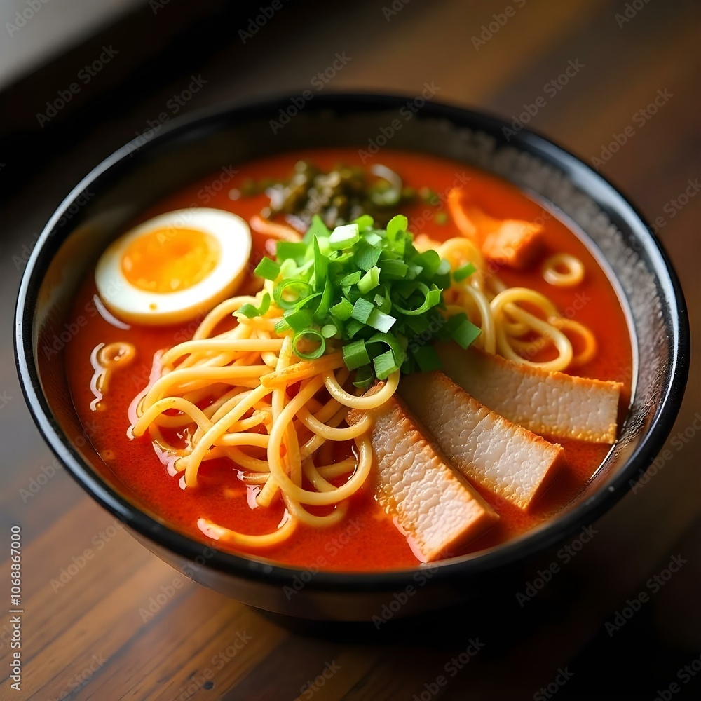 A comforting bowl of ramen noodles in a spicy A comforting bowl of ramen noodles in a spicy