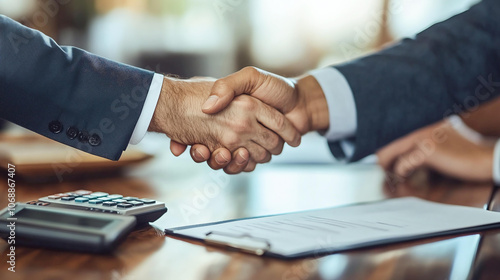 Close up of two hands of two businessman businesswoman shaking over signed business agreement for successful business deal contract signing partnership and trust