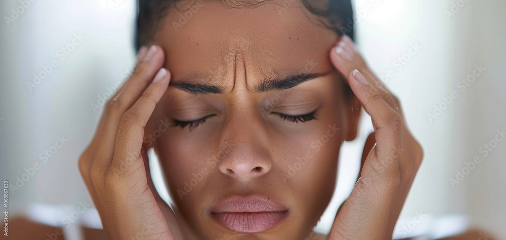 Fototapeta premium Close-up of a woman experiencing stress, touching her temples with a pained expression, on a blurred background.