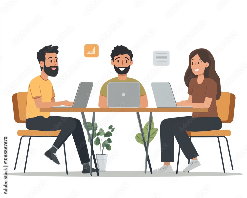 Three professionals sitting at a table, working on laptops and engaging in conversation, office environment, white background, clean and minimalist design Three professionals sitting at a table, working on laptops and engaging in conversation, office environment, white background, clean and minimalist design
