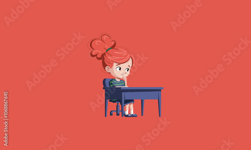 Red-haired girl daydreaming at a desk in a library