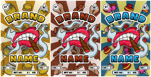 Set of Cartoon Smoking Mouth with Honey, Peanut, Candy Strains and Smoke