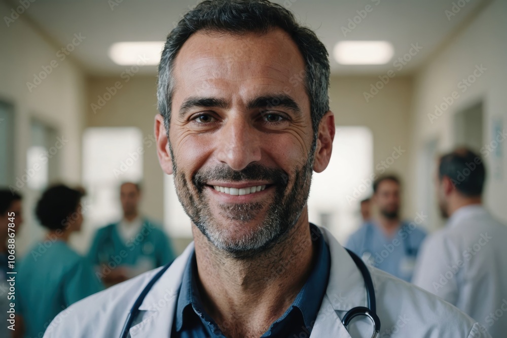 Close portrait of a smiling 40s Israeli man doctor looking at the camera, Israeli hospital blurred background Close portrait of a smiling 40s Israeli man doctor looking at the camera, Israeli hospital blurred background