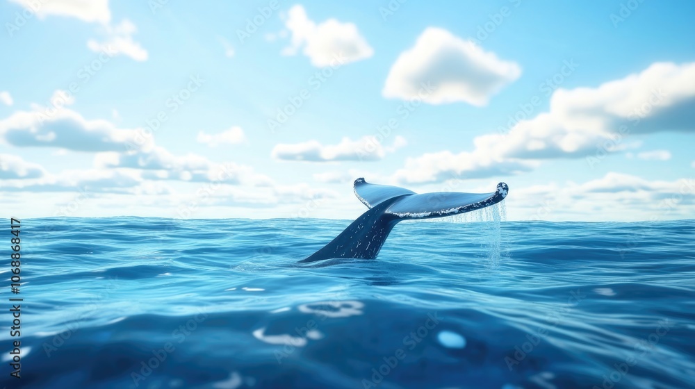 Fototapeta premium Humpback whale tail fluke descending into deep blue ocean waters capturing the majestic marine life