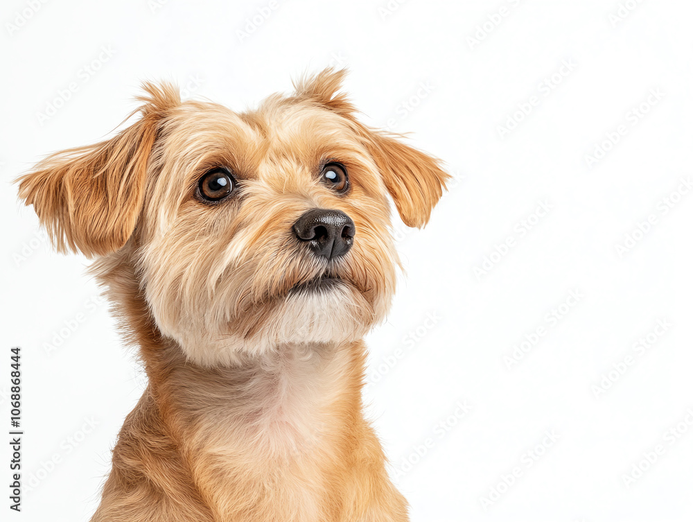 Adorable terrier dog with fluffy fur and expressive eyes on white background. This charming pet exudes curiosity and warmth, making it perfect companion Adorable terrier dog with fluffy fur and expressive eyes on white background. This charming pet exudes curiosity and warmth, making it perfect companion