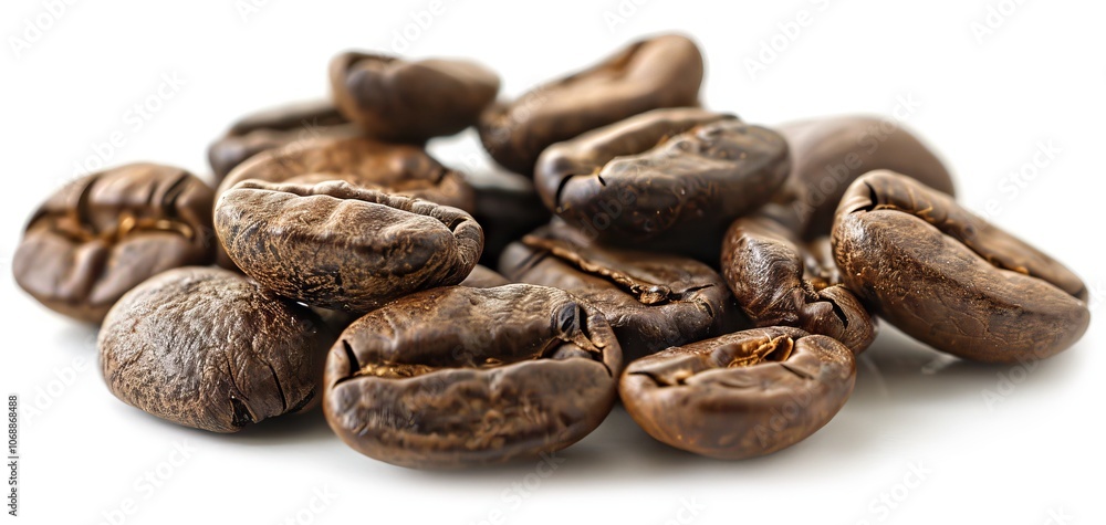 A pile of roasted coffee beans on a white background, showcasing their rich color and texture, perfect for coffee lovers and culinary themes. A pile of roasted coffee beans on a white background, showcasing their rich color and texture, perfect for coffee lovers and culinary themes.