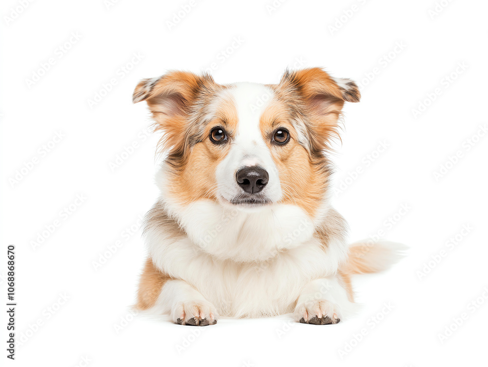 Corgi dog lying on white background, showcasing its fluffy coat and expressive eyes. This adorable pet exudes friendly and playful demeanor Corgi dog lying on white background, showcasing its fluffy coat and expressive eyes. This adorable pet exudes friendly and playful demeanor
