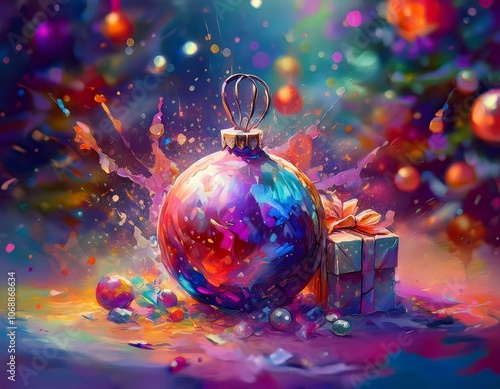 Colorful abstract illustration of beautifully decorated Christmas ornaments with shooting stars and streamers.