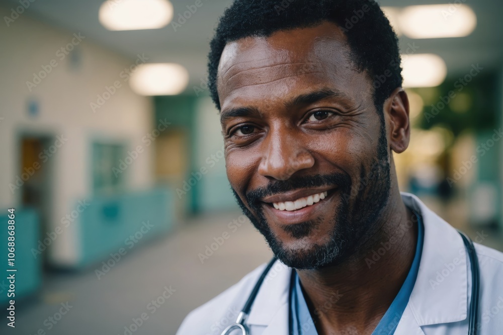 Close portrait of a smiling 40s Jamaican man doctor looking at the camera, Jamaican hospital blurred background Close portrait of a smiling 40s Jamaican man doctor looking at the camera, Jamaican hospital blurred background