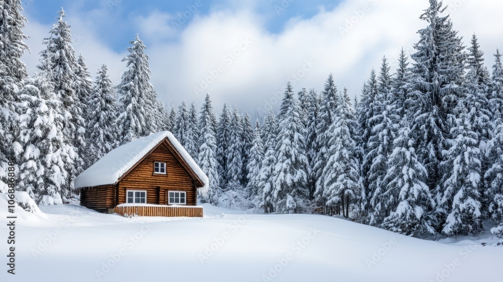 Cozy Cabin in Snowy Winter Wonderland Landscape Cozy Cabin in Snowy Winter Wonderland Landscape