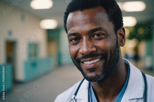 Close portrait of a smiling 40s Jamaican man doctor looking at the camera, Jamaican hospital blurred background