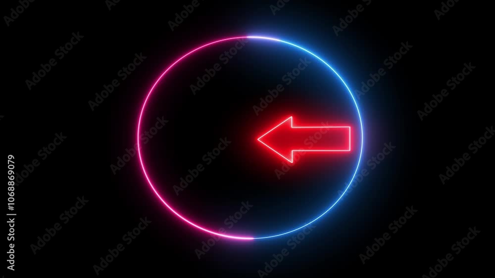 Red neon single-line directional left arrow animation with colorful circle. Moving arrow pointing to the left. Next or left direction arrow on black background. Red neon single-line directional left arrow animation with colorful circle. Moving arrow pointing to the left. Next or left direction arrow on black background.